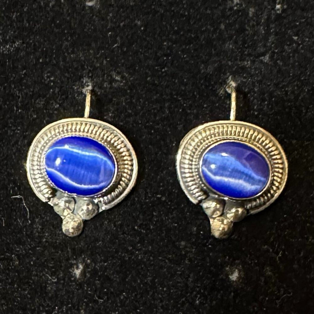 Vintage ATI Mexico 925 Sterling Silver Blue Cats Eye Dangle Drop Earrings 5.2g